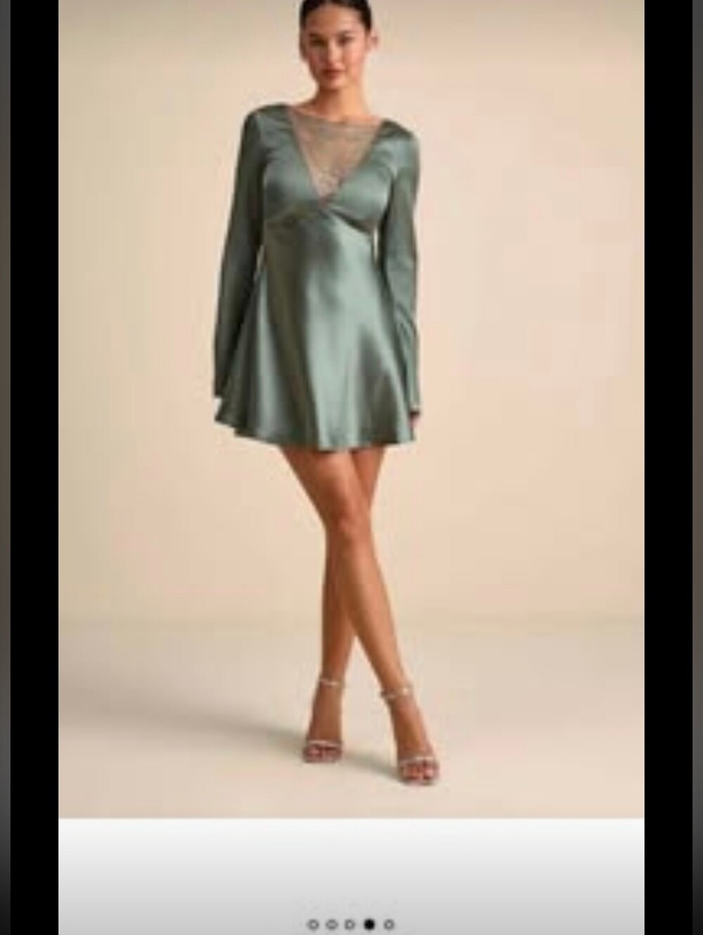 Satin Long-Sleeve V-Neck Mini Dress in Sage Green